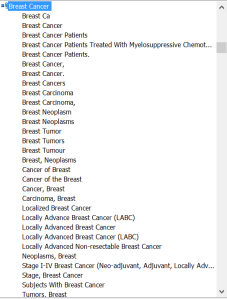 breast cancer as a condition in clinicaltrials.gov database appears in many different forms